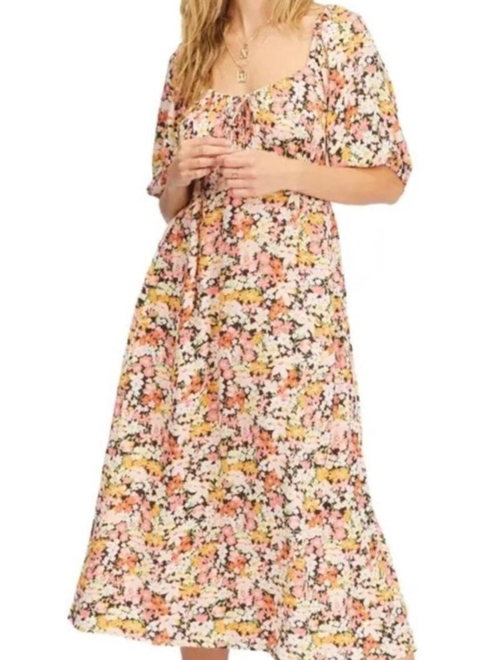 Billabong True Romance Puff Sleeve Floral Midi Dress Large